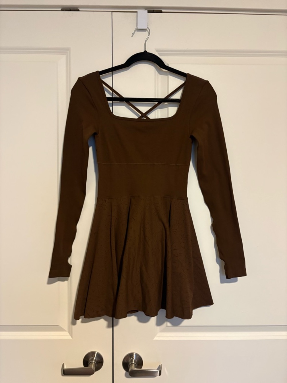 Brown Long-Sleeve Mini Active Dress with Crisscross Back